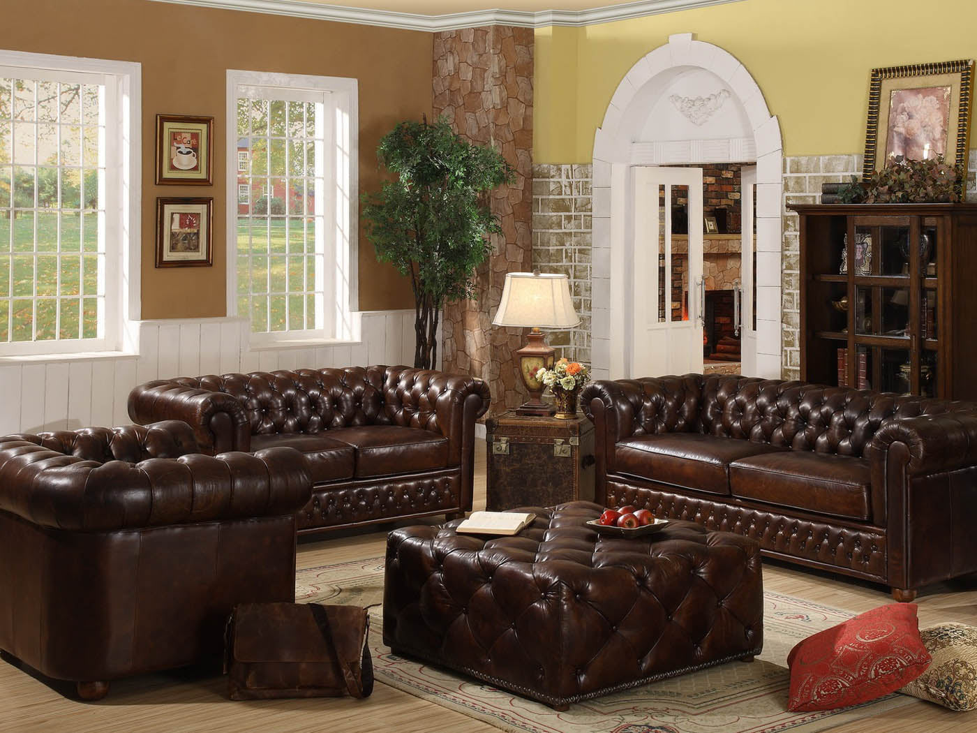 Image of a luxurious Chesterfield sofa in rich, deep leather upholstery, adding sophistication to the living room