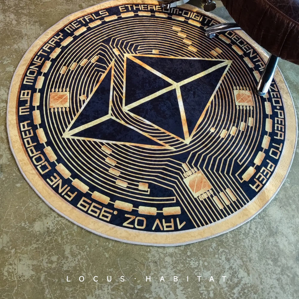 Ethereum mat. Imagine you are literally on top of Ethereum. Be in control. Introducing our Ethereum floor mat that glitters under the sun, reflective, gold, stunning. 