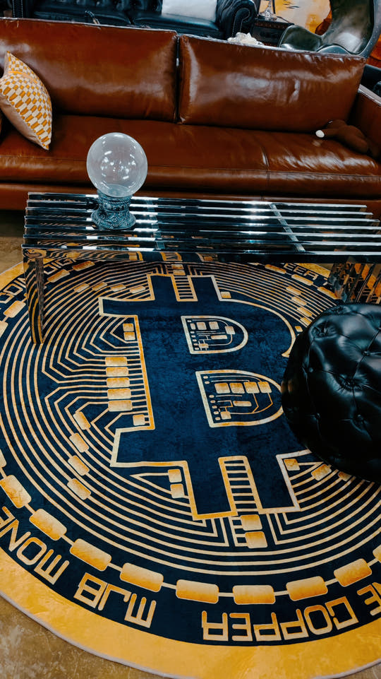 Bitcoin carpet. Imagine you are literally on top of Ethereum. Be in control. Introducing our Ethereum floor mat that glitters under the sun, reflective, gold, stunning.