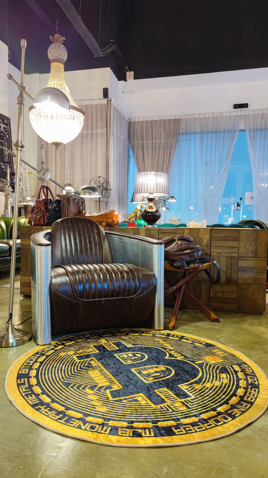 Bitcoin home deco. Imagine you are literally on top of Ethereum. Be in control. Introducing our Ethereum floor mat that glitters under the sun, reflective, gold, stunning.