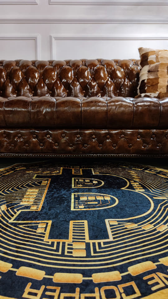 Bitcoin mat. Imagine you are literally on top of Ethereum. Be in control. Introducing our Ethereum floor mat that glitters under the sun, reflective, gold, stunning.