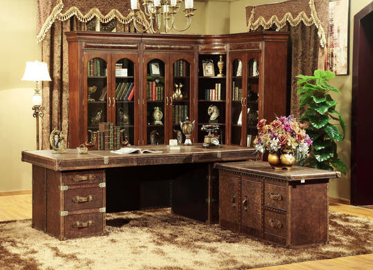 Antique Leather Director Desk With Side Table